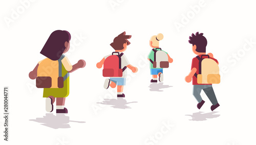 rear view school children group with backpacks running back to school education concept mix race male female pupils flat full length horizontal