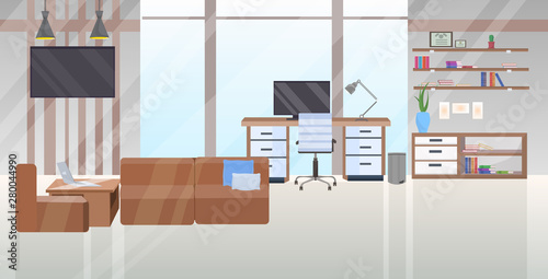 empty no people contemporary workspace area with workplace desk and couch modern office cabinet interior flat horizontal