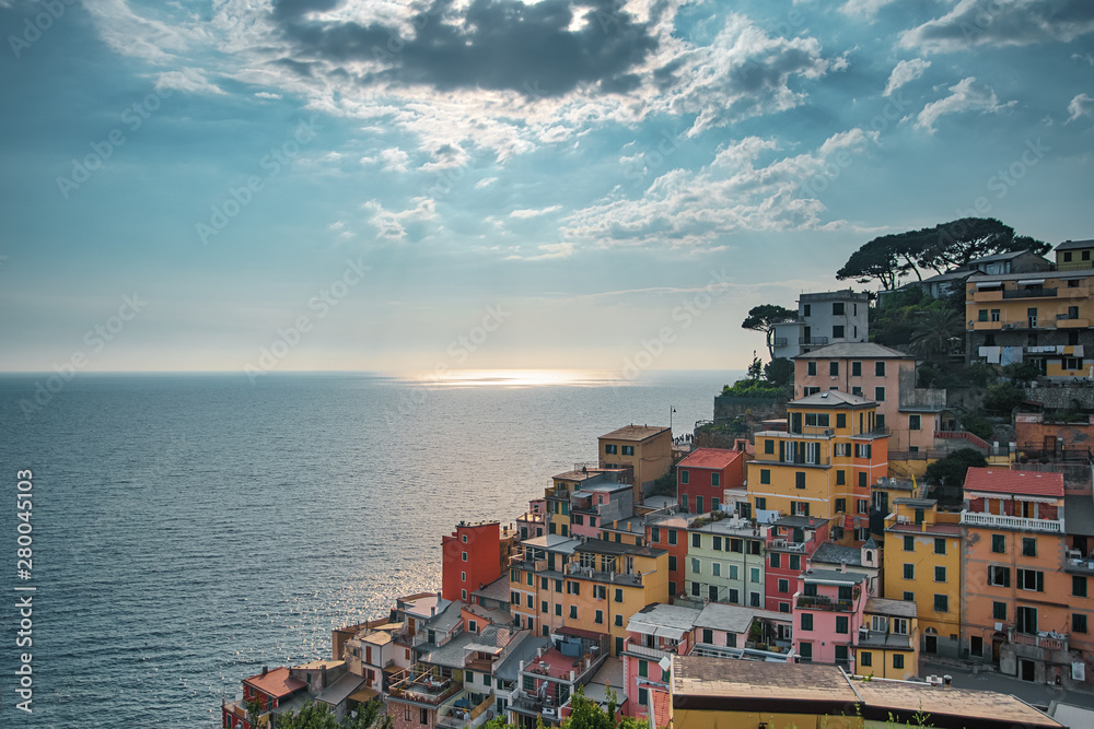 Riomaggiore town in Cinque Terre, Italy in the summer