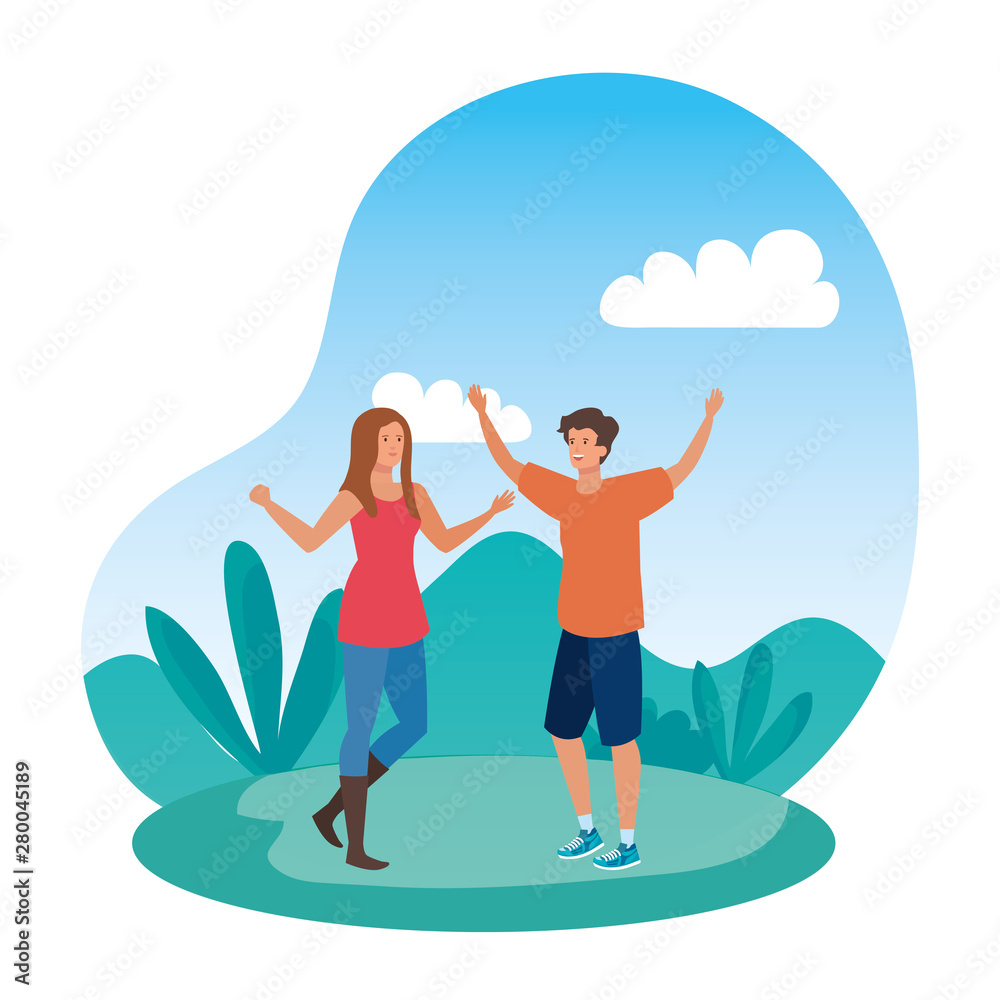 young lovers couple celebrating in the park