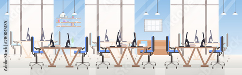 empty no people open space creative co-working center workplace desks with computer monitors modern office interior flat horizontal banner