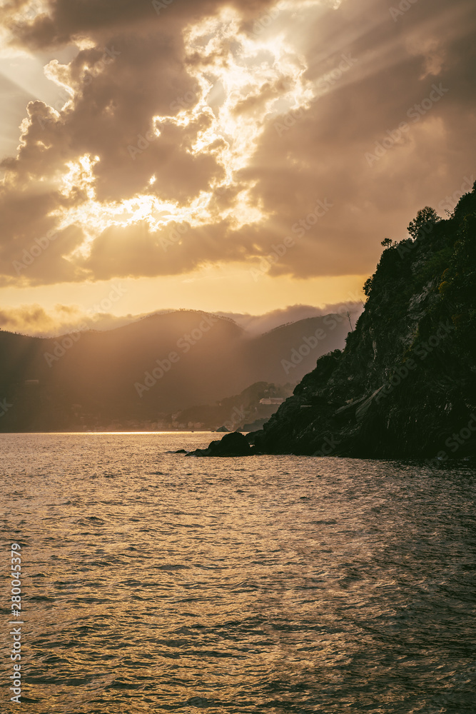 Nature landscape at sunset. Liguria coast at Cinque Terre