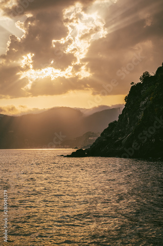 Nature landscape at sunset. Liguria coast at Cinque Terre