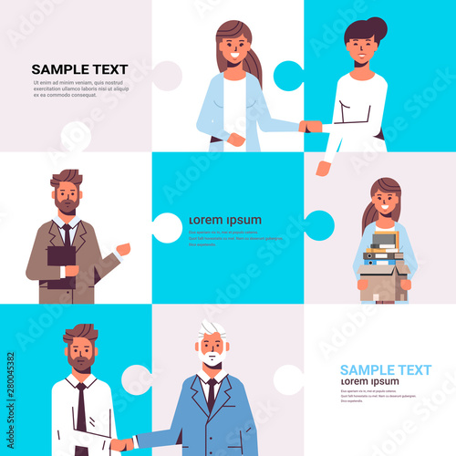 set businesspeople handshaking agreement partnership new job introduction business concepts collection flat portrait horizontal puzzle pieces