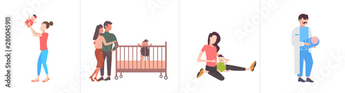 set parents and their newborn having fun together different parenthood concepts collection flat full length horizontal