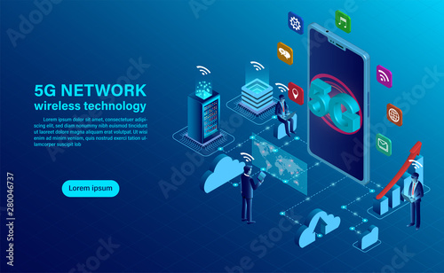 Banner 5G network wireless technology concept. smartphone with big letters 5g and People with mobile devices are sitting and standing on. Isometric flat design vector illustration