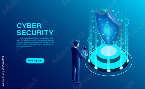 Cyber security concept banner with businessman protect data and confidentiality and data privacy protection concept with icon of a shield and lock. flat isometric vector illustration