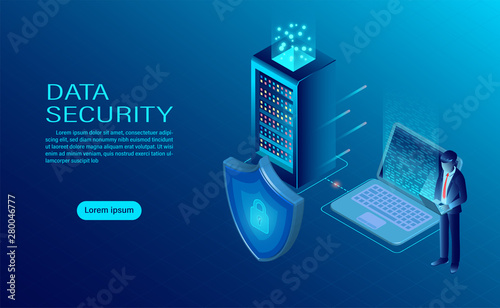 banner with businessman protect data and confidentiality on computer and server. data protection and security are confidential. flat isometric vector illustration