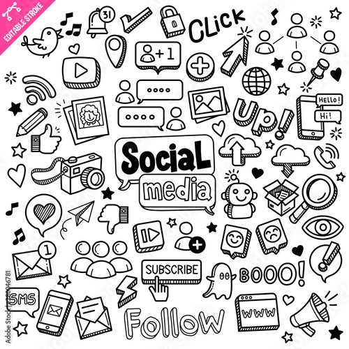 Social media related object and element collection. Hand drawn doodle illustration isolated on white background. Vector doodle illustration with editable stroke outline.