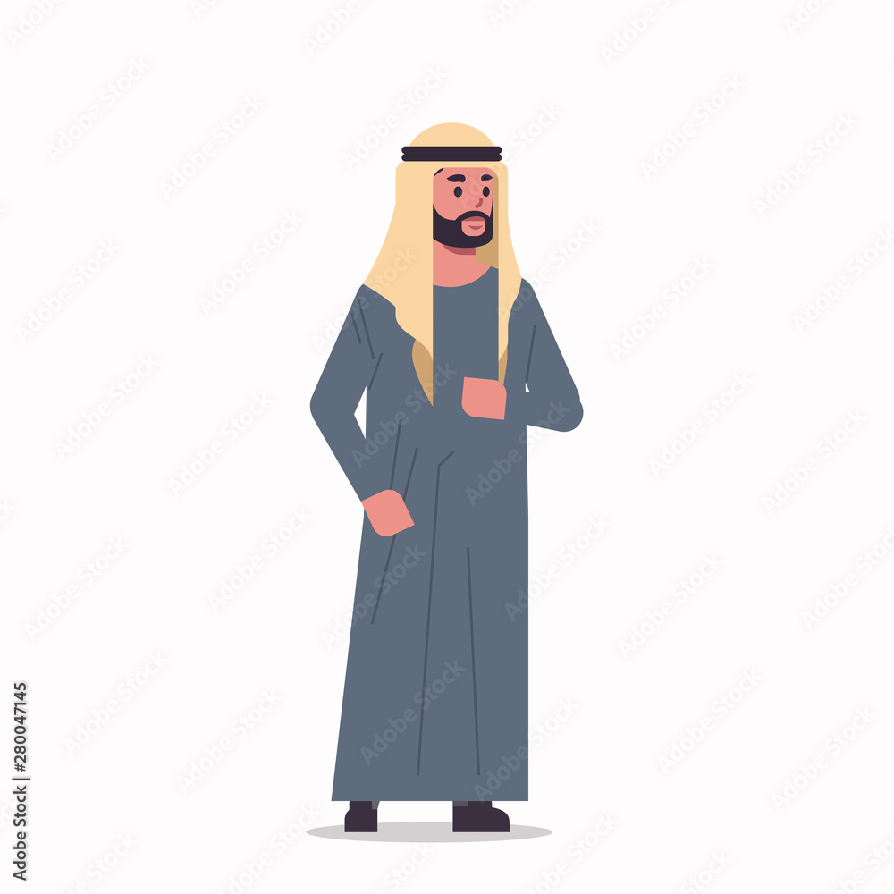 arabic businessman in hijab arab man wearing traditional clothes standing pose arabian male cartoon character full length flat white background