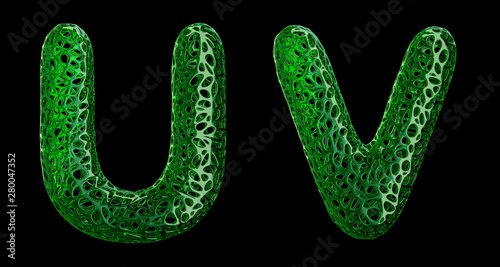 Realistic 3D letters set U, V made of green plastic.