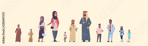 different arabic people group standing together arab businesspeople wearing traditional clothes female male arabian cartoon characters full length flat horizontal