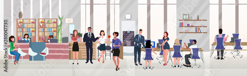 businesspeople employees successful teamwork concept hardworking process open space creative co-working center modern workspace office interior flat horizontal full length
