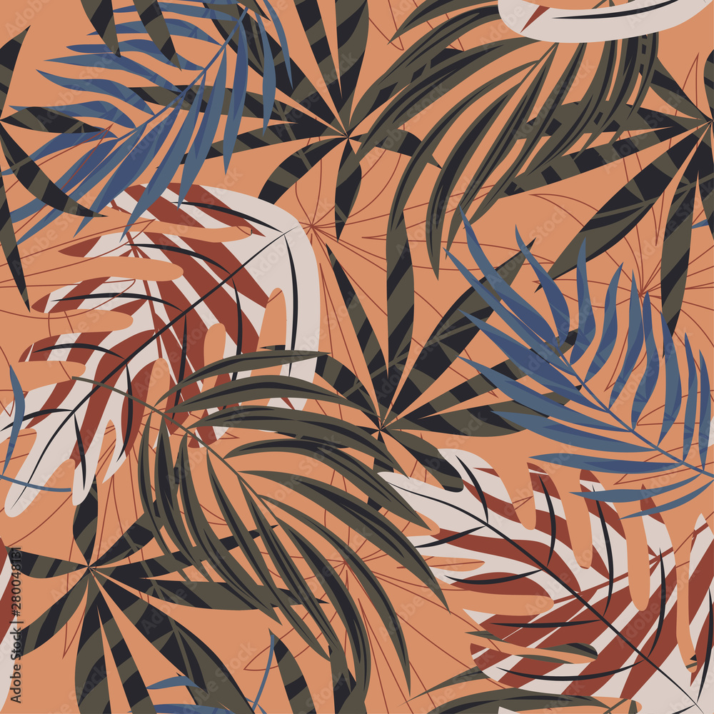 Trend seamless pattern with colorful tropical leaves and plants on beige background. Vector design. Jungle print. Flowers background. Printing and textiles. Exotic tropics. Fresh design.