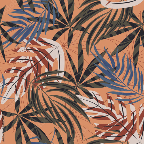 Trend seamless pattern with colorful tropical leaves and plants on beige background. Vector design. Jungle print. Flowers background. Printing and textiles. Exotic tropics. Fresh design. © EltaMax99