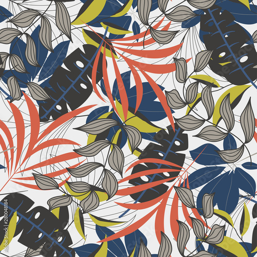 Trend seamless pattern with colorful tropical leaves and plants on white background. Vector design. Jungle print. Flowers background. Printing and textiles. Exotic tropics. Fresh design.