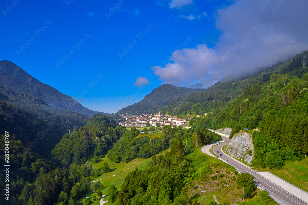 Aerial photography with drone. Panoramic view of the Alps north of Italy.