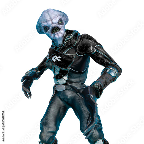 official alien on a sci-fi outfit doing hiphop pose in a white background © DM7