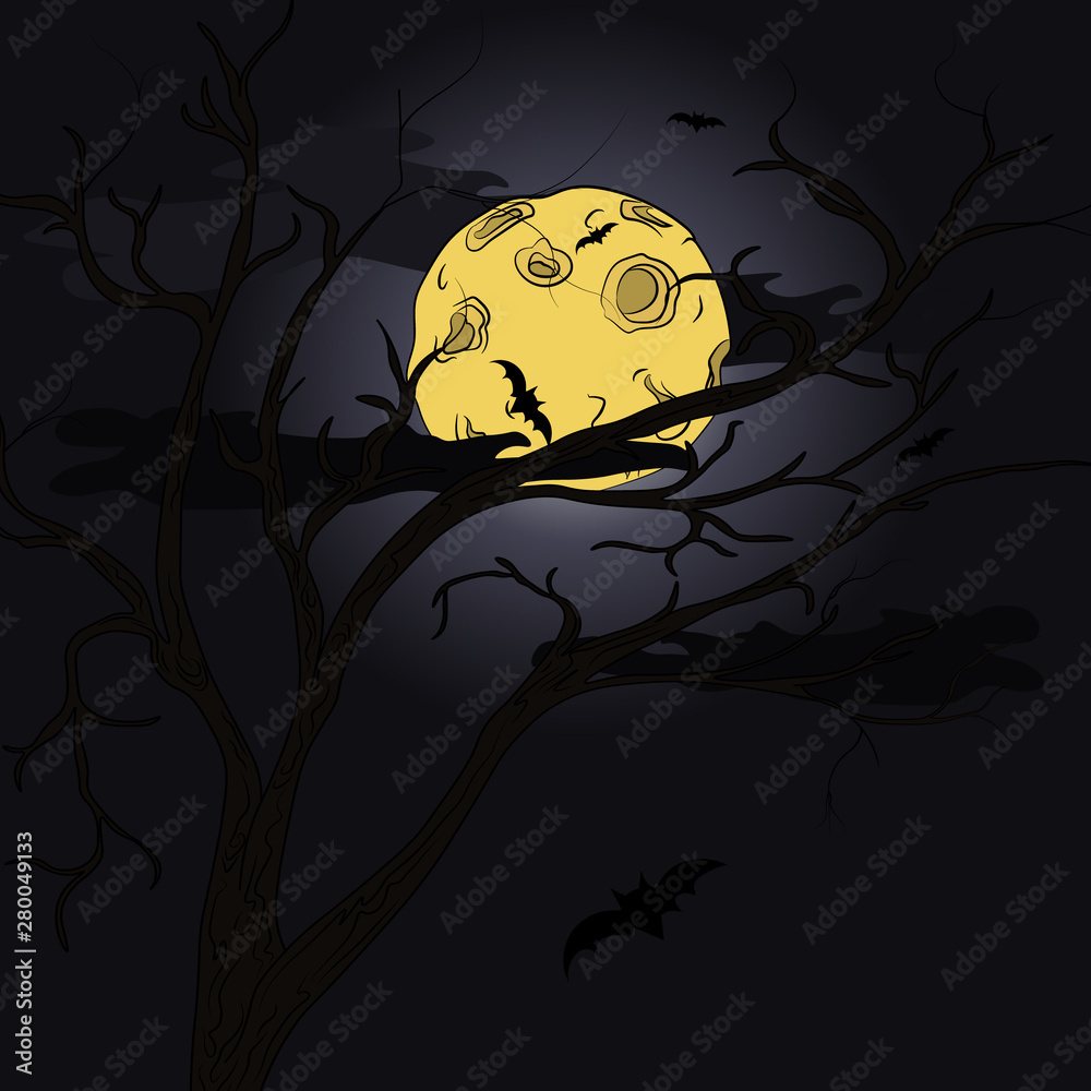 Night landscape. A tree without leaves, in the background the moon and bats.