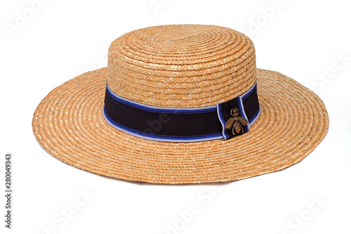 Vintage Straw hat fasion with black ribbon isolated on white background. This has clipping path