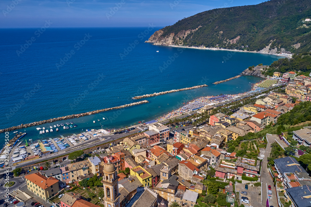 Aerial photography with drone. Beautiful resort town of Moneglia, Italy.