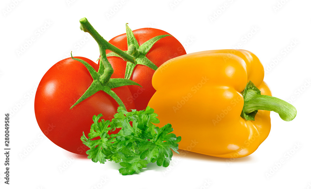 Tomato, yellow bell pepper and parsley isolated on white background Tomato, yellow bell pepper and parsley isolated on white background