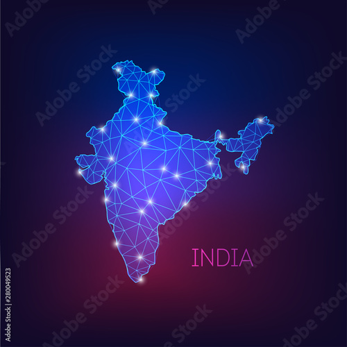 Futuristic glowing low polygonal India map silhouette isolated on dark blue to purple background.