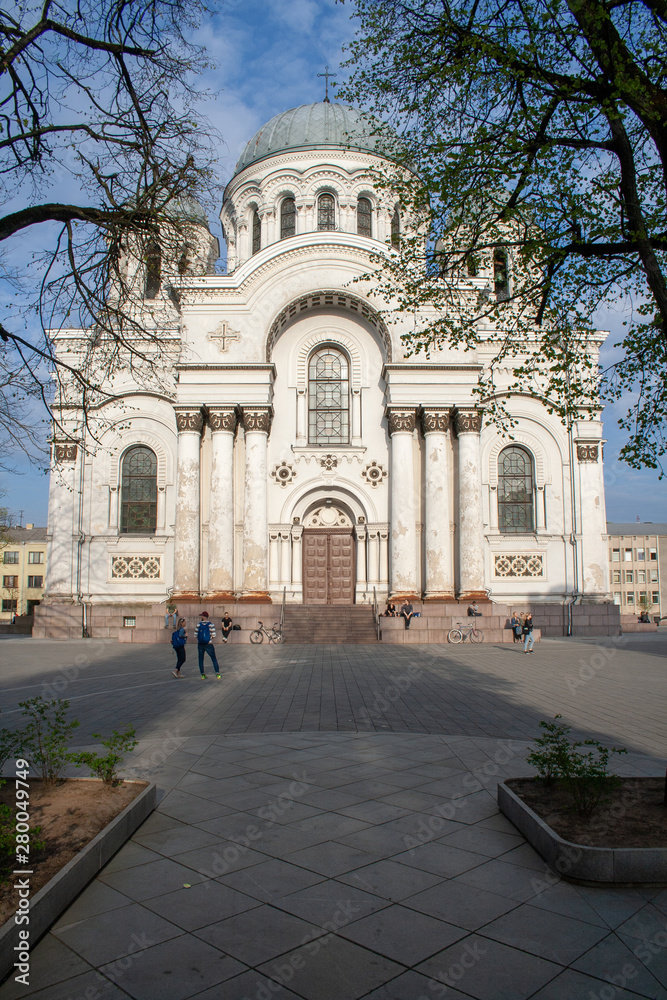 St. Michael the Archangel's Church or the Garrison Church, a Roman a Roman Catholic church in the city of Kaunas, Lithuania, closing the perspective