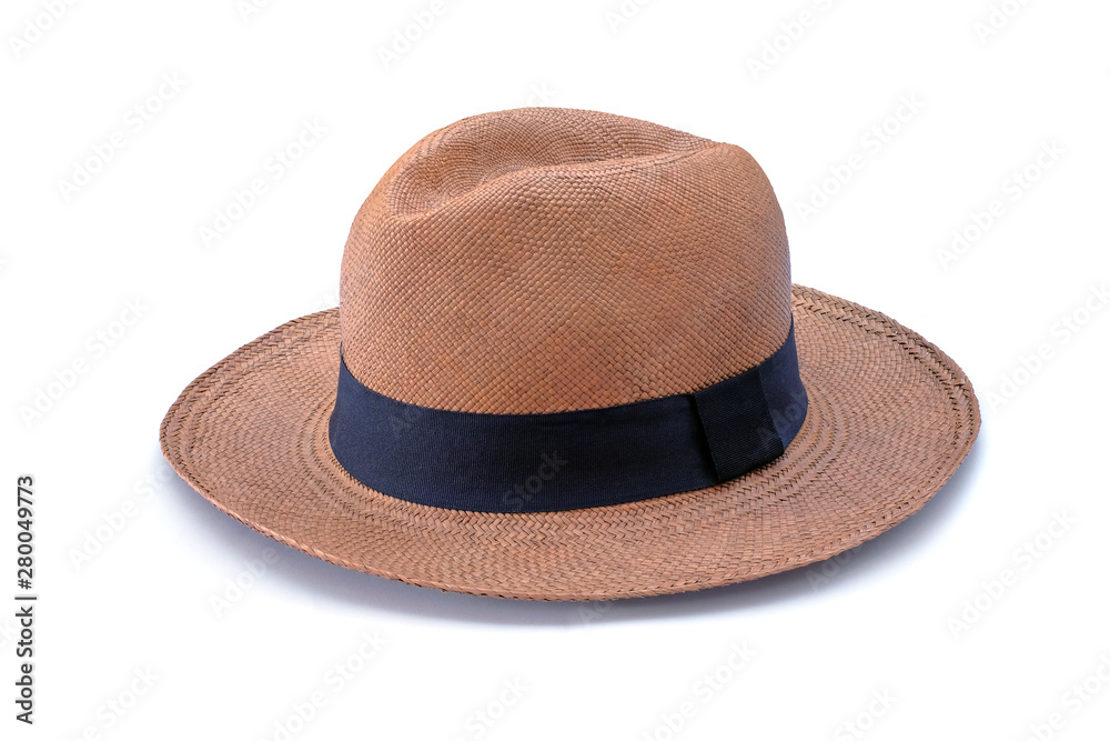 Vintage brown Straw hat fasion with black ribbon isolated on white background. This has clipping path