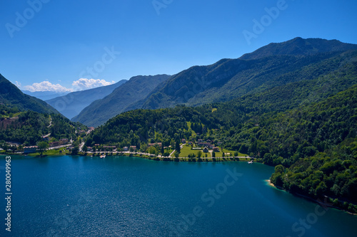 Aerial photography with drone. Panoramic view of Lake Ledro in the north of Italy In the Alps.