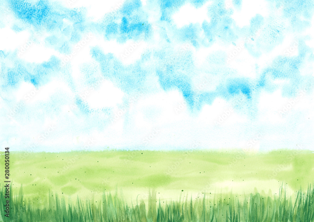 hand drawn watercolor illustration, blue sky with green meadow, natural background
