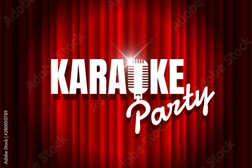 Karaoke party night live show open mike sign on empty theatre stage with spotlight. Vintage microphone against red curtain drape backdrop. Retro mic vector music nightlife illustration