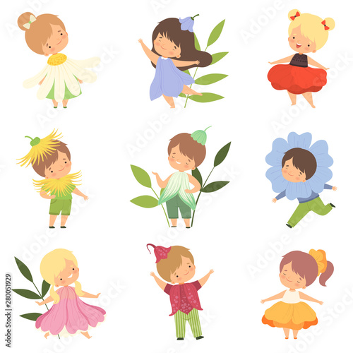 Cute Happy Little Kids Wearing Flowers Costumes Set, Adorable Boys and Girls in Colorful Carnival Clothes Vector Illustration