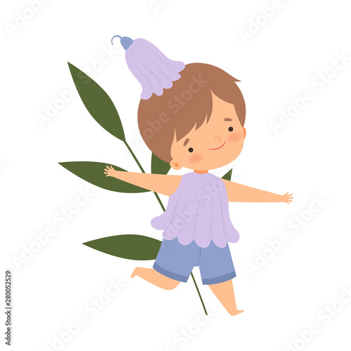 Cute Little Boy Wearing Periwinkle Flower Costume, Adorable Kid in Carnival Clothes Vector Illustration