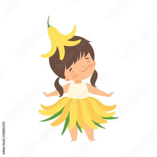 Pretty Little Girl Wearing Yellow Lily Flower Costume, Adorable Kid in Carnival Clothes Vector Illustration