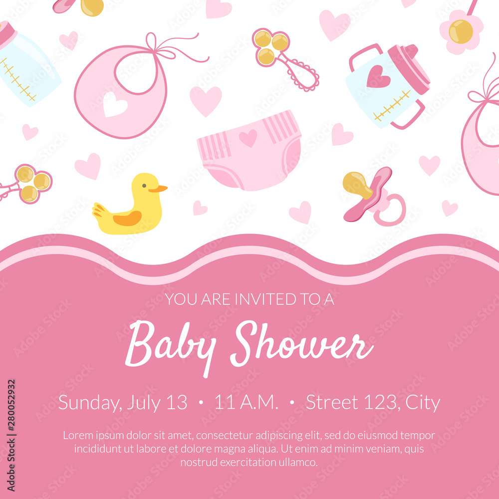 Baby Shower Invitation Banner Template, Pink Card with Newborn Baby Symbols Seamless Pattern and Place for Text Vector Illustration Baby Shower Invitation Banner Template, Pink Card with Newborn Baby Symbols Seamless Pattern and Place for Text Vector Illustration