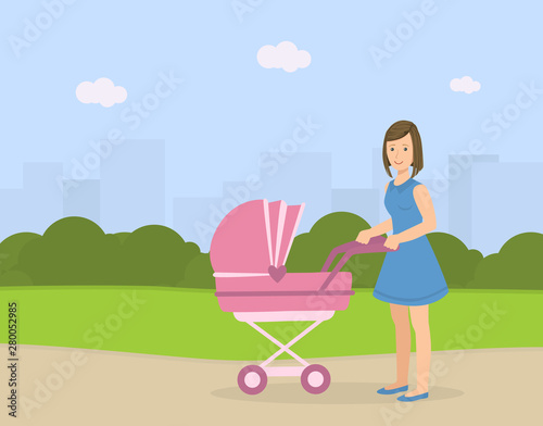 Young Mother with Her Baby in Stroller Walking Outdoor, Woman Pushing Pram with Newborn Baby on Summer Landscape Vector Illustration