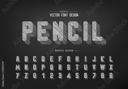 chalk shadow round font and alphabet vector, Pencil sketch typeface and letter number design