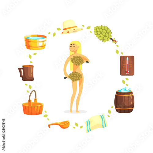 Young Woman Relaxing at Spa, Girl with with Bunches of Birch Tree Twigs, Sauna and Russian Bathhouse Accessories Vector Illustration