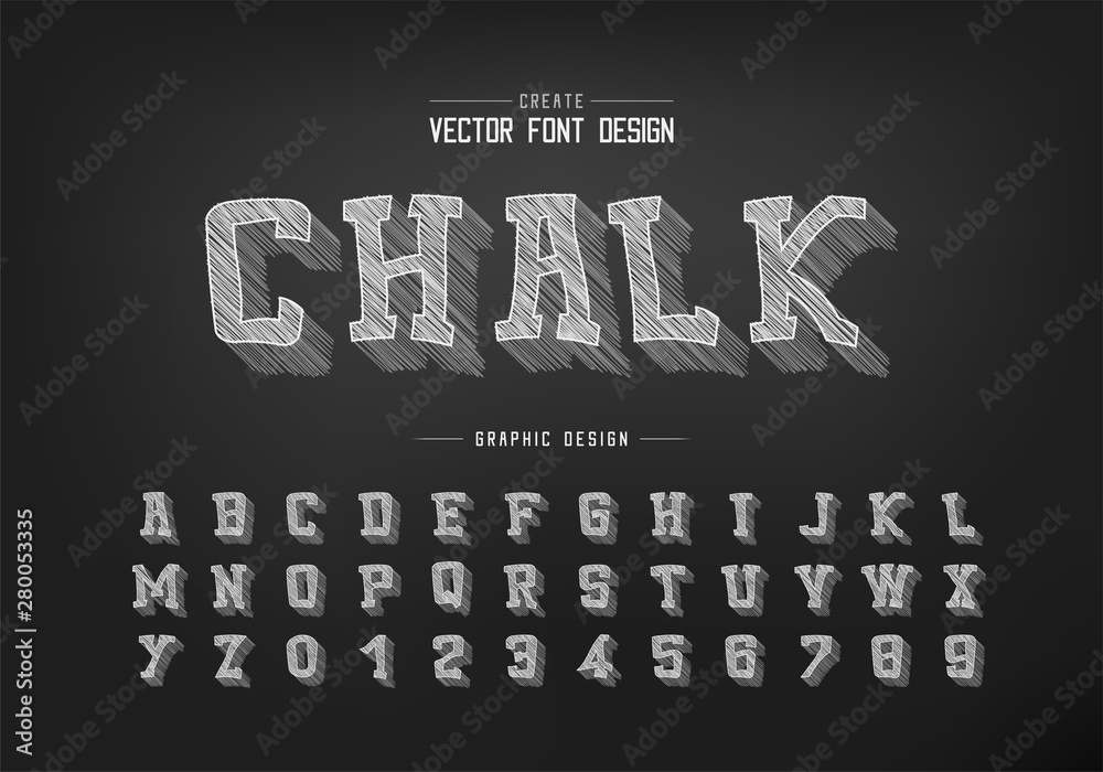 Chalk shadow cartoon font and alphabet vector, Pencil sketch typeface and number design