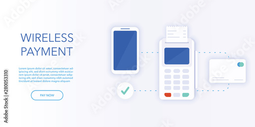 Internet banking concept in flat vector illustration. POS terminal for contactless pay. Website banner or webpage layout template. 