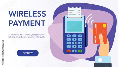 Vector payment machine and credit card banner. POS terminal confirms the payment by debit credit card, invoce. Vector illustration in flat design. NFC payments concept. Isometric NFC payments concept 