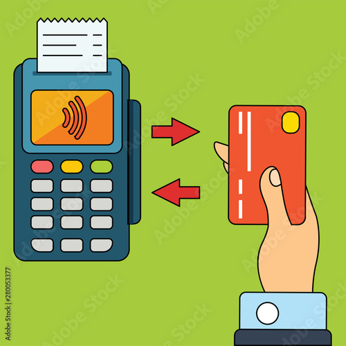 POS terminal confirms the payment by debit credit card, invoce. Vector illustration in flat design. NFC payments concept. Isometric NFC payments concept 