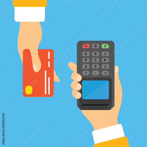 POS terminal confirms the payment by debit credit card, invoce with NFC payments concept. Isometric NFC payments concept 