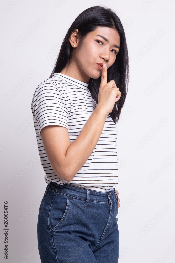 Asian girl show quite hand sign.