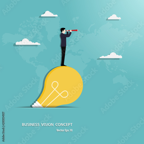 Businessman with telescope standing on light bulb