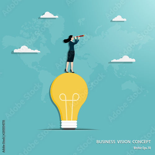 Businesswoman with telescope standing on light bulb