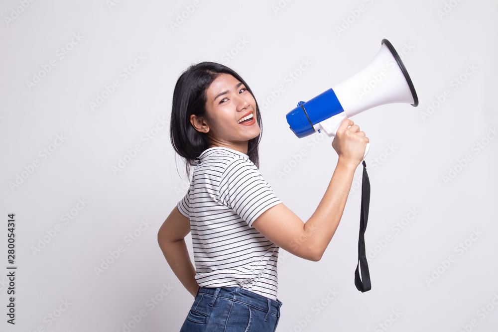 Beautiful young Asian woman announce with megaphone. Beautiful young Asian woman announce with megaphone.