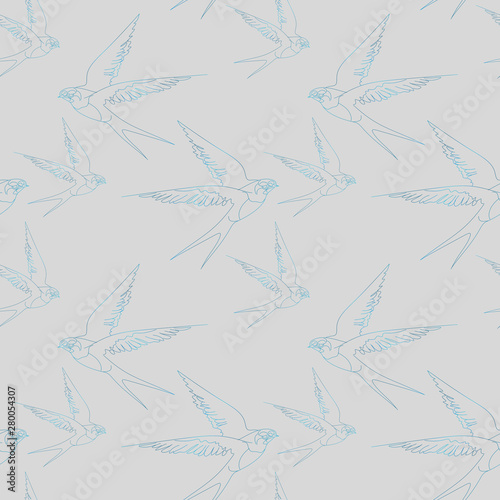 Fototapeta Naklejka Na Ścianę i Meble -  Stylized swallows in flight, pattern. Beautiful elegant and delicate pattern. Suitable for printing on fabric and paper.