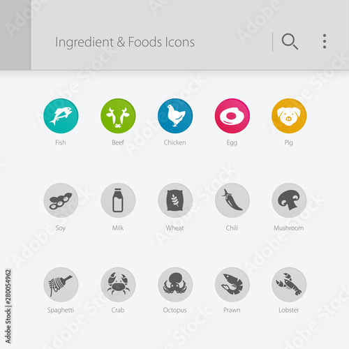 Ingredients & foods related icons. Seafood, poultry & vegetables.